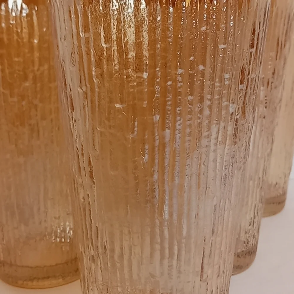 MCM Rare Color Iridescent Peach Tree Bark Glass Tumblers Set Of 6 By Jeannette